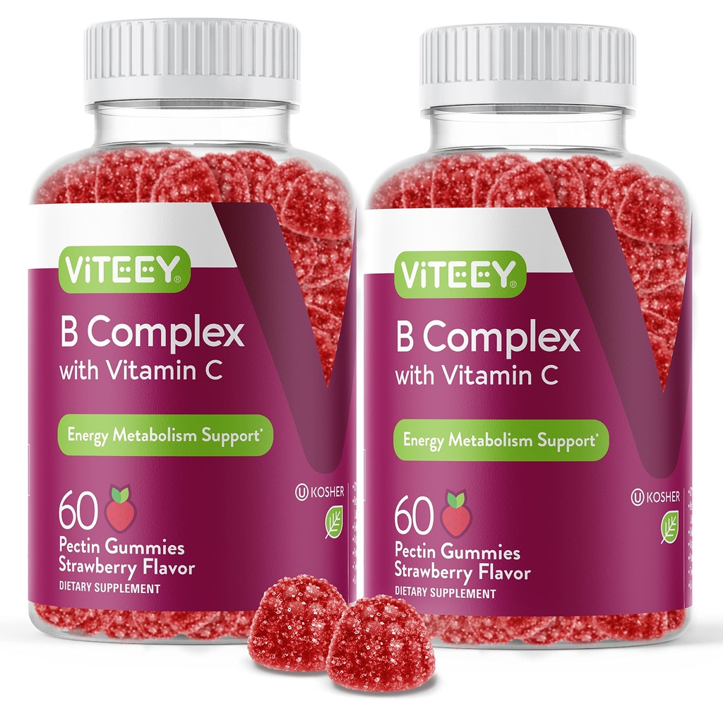 Viteey B-vitamiini Complex Gummies kanssa C-vitamiini - energia, aineenvaihdunta ja immuuni tuki - B6, B12, Niasiini, Foolihappo, Biotiini, Kalsium - Vegaani, Gluteeniton - 120