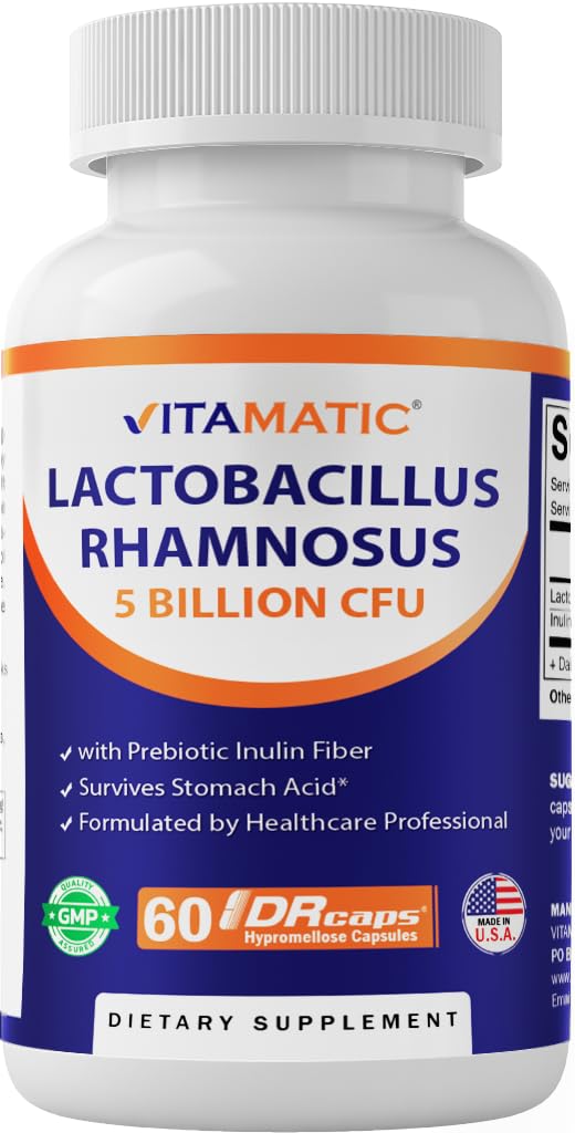 Vitamatic Lactobacillus Rhamnosus 5 miljardia per DR-kapseli (10 miljardia per 2 kapselia) - 60 Count - Advanced Digestive & Immuno Support - Valmistettu prebioottisella inuliinikuitu