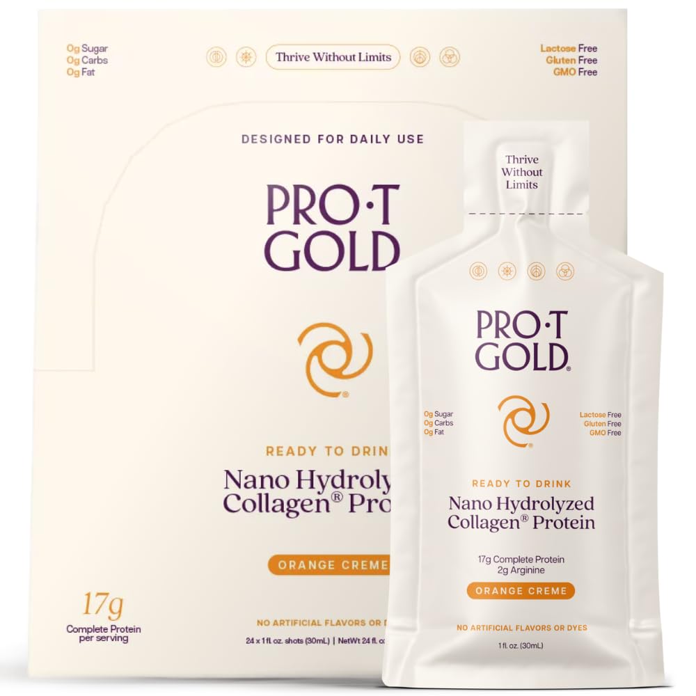 ProT Gold Liquid Collagen Protein Shot, 17g Clear Protein Nano-Hydrolysed Grass Fed Collagen, 2g Arginine for Haavan tuki, gluteeniton, sokeriton, 0g Carbs, Orange Creme, 1 fl oz, 24 Pack