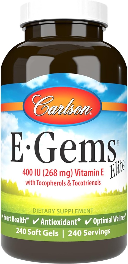Carlson - E- Gems Elite, 400 IU E-vitamiinia tokoferolien ja tokotrienolien kanssa, E-vitamiinikapselit, sydämen terveys ja optimaalinen hyvinvointi, antioksidantti, E-vitamiinilisä, 240 Softgelia