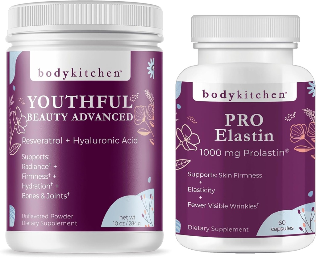 Body Kitchen Nuori kaunis Advanced Collagen Peptides Powder ja Resveratrol ja Hyaluronic Acid 10oz ja Pro-Elastin, Luku 60
