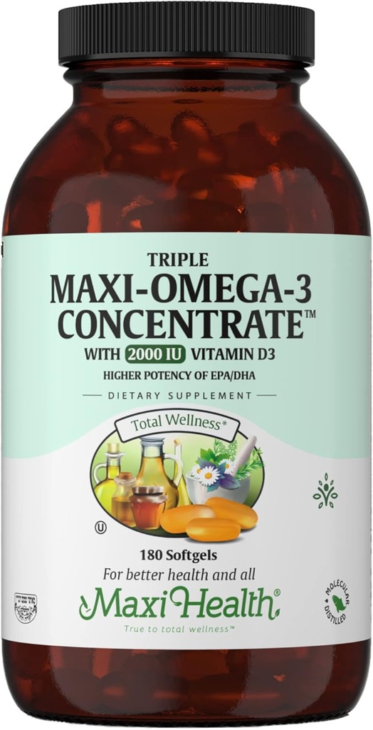 Omega 3 Supplement - Omega-3 Fish Oil Triple Concentrate med vitamin D3 - Potent Source of EPA / DHA Fatty Acids - Hjärta, Hjärna, Gemensam Hälsa - Kosher Certified Wild fångade Marine Fish - 180 Softgels