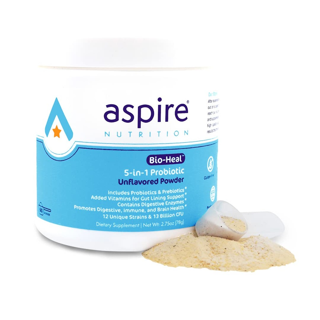 Aspire Nutrition 5-in-1 Bio-Heal® Probiootti lapsille, miehille ja naisille - Paras lisä aivojen toimintaan, Gut Health & Ummetus - Säilyvyys vakaa ja varustettu vitamiinilla, Mineral & Prebiootit - Jauhe