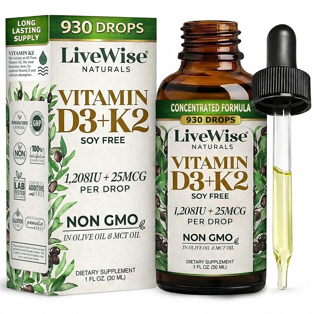 Vitamin D3 med K2 flytande droppar, alla naturliga, icke-GMO, 1208iu D3 och 25mcg K2 (mk7) per servering, stödja dina ben, immunsystem och energinivåer, med eller utan pepparmintolja