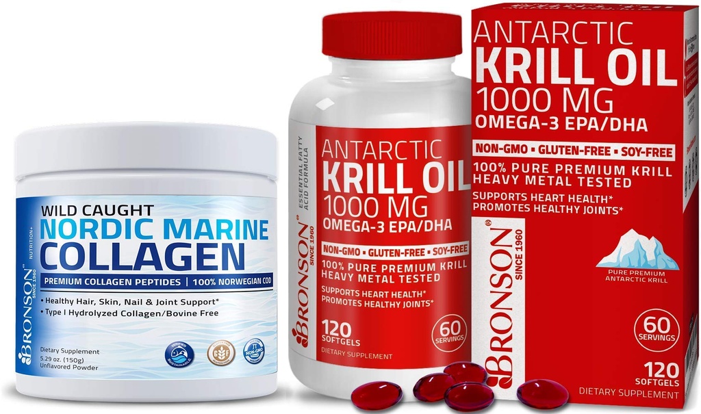 Bronson Marine Collagen Peptides Hydrolysed Protein Powder + Antarktis Krill Oil 1000 mg Omega-3s EPA DHA