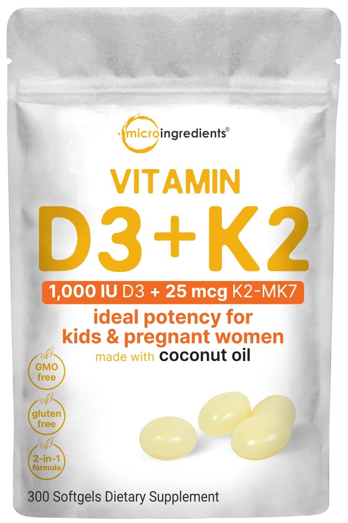 Mikro-aineet D3-vitamiini 1 000 IU + K2 MK-7 25 mikrog, 300 Softgels 