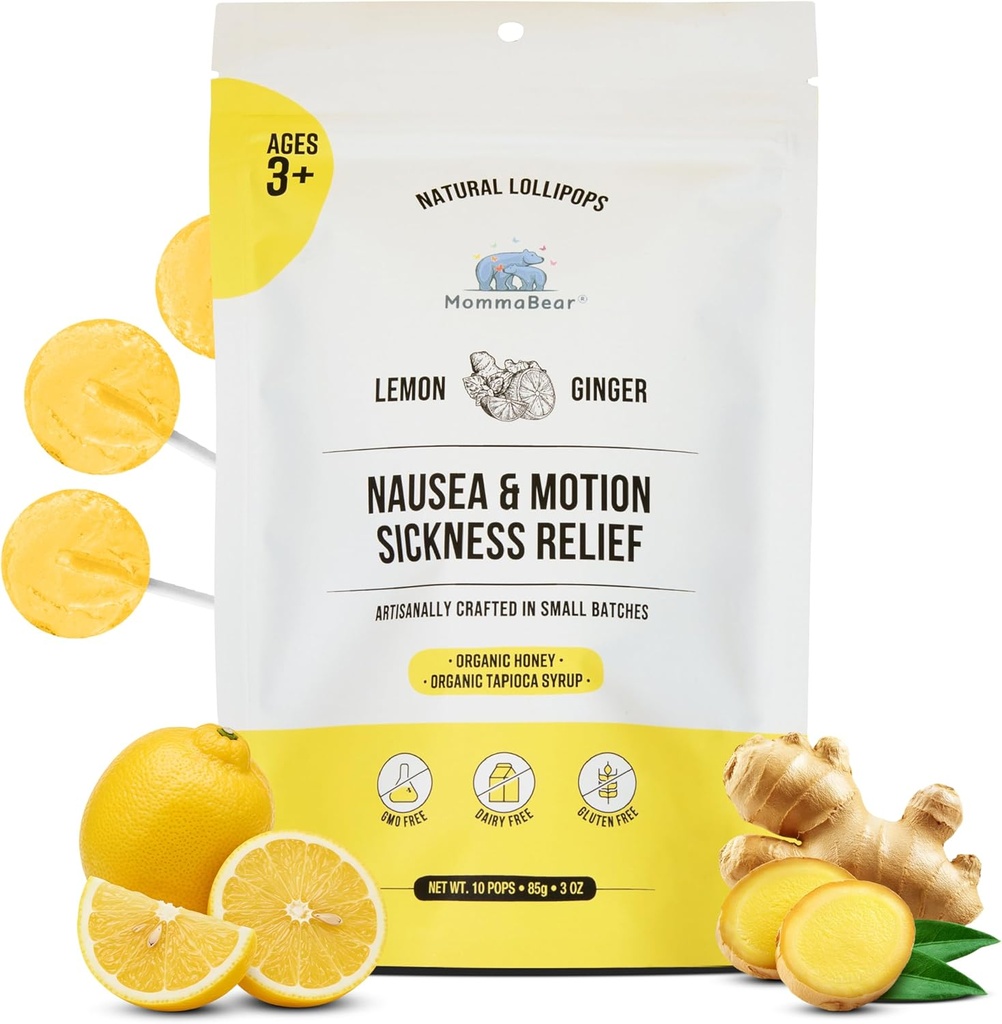 MommaBear Nausea & Motion Sickness Lollipops - Non-GMO Lemon & Ginger Candy för Nausea - Organiska Lollipops för barn 3 + och gravida kvinnor för att lindra lugn - Tätt förseglad för färskhet (10 Pack)