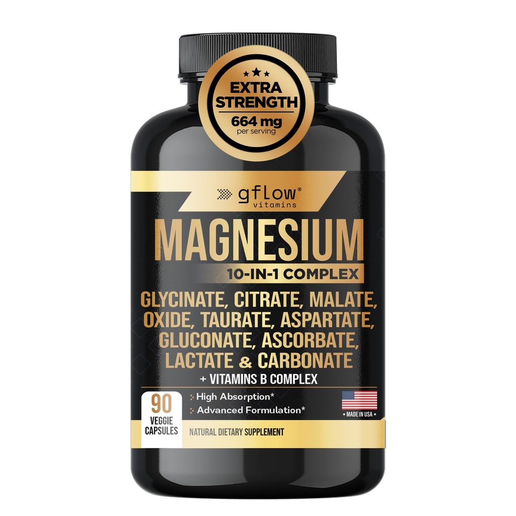 Magnesium Complex Supplement - 10 Active Forms, Glycinate, Citrate, Malaatti, Oksidi, Taurate, aspartaatti, Glukonaatti, Askorbaatti, laktaatti, karbonaatti, Plus enemmän C-vitamiini B1 B2 B6 B12