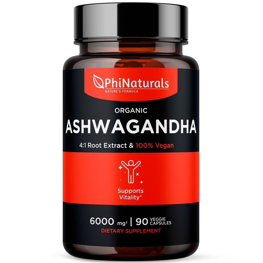 PhiNaturals Organic Ashwagandha Root Extract i Vegan Capsules Equal till 6000 Mg Root - Ashwaganda Supplement för män och kvinnor med 1500 Mg Per Serving 30 Servings - 500mg Per Vegan Capsule 90 Count