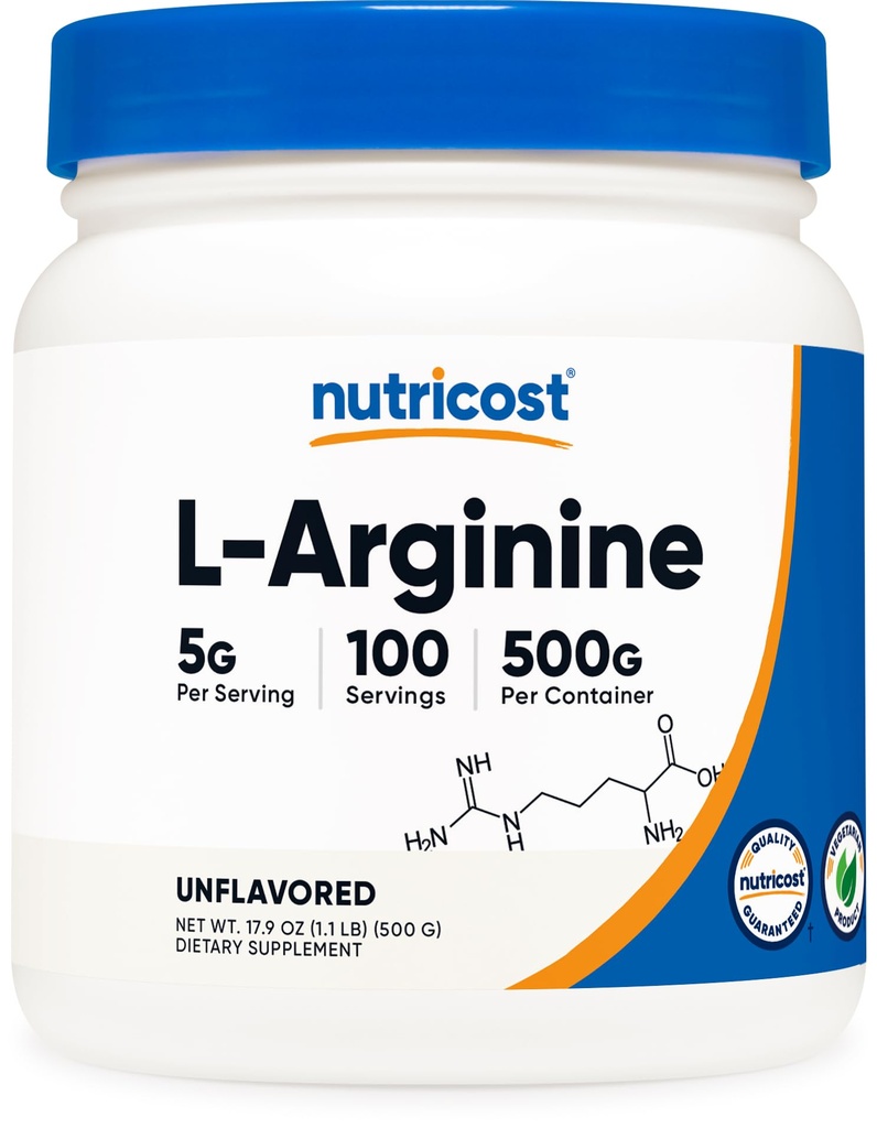 Nutricost L-arginiini Powder 500 grammaa (1,1 lbs) - Pure L-arginiini Powder - 5000 mg per tarjoilu; 100 tarjoilua