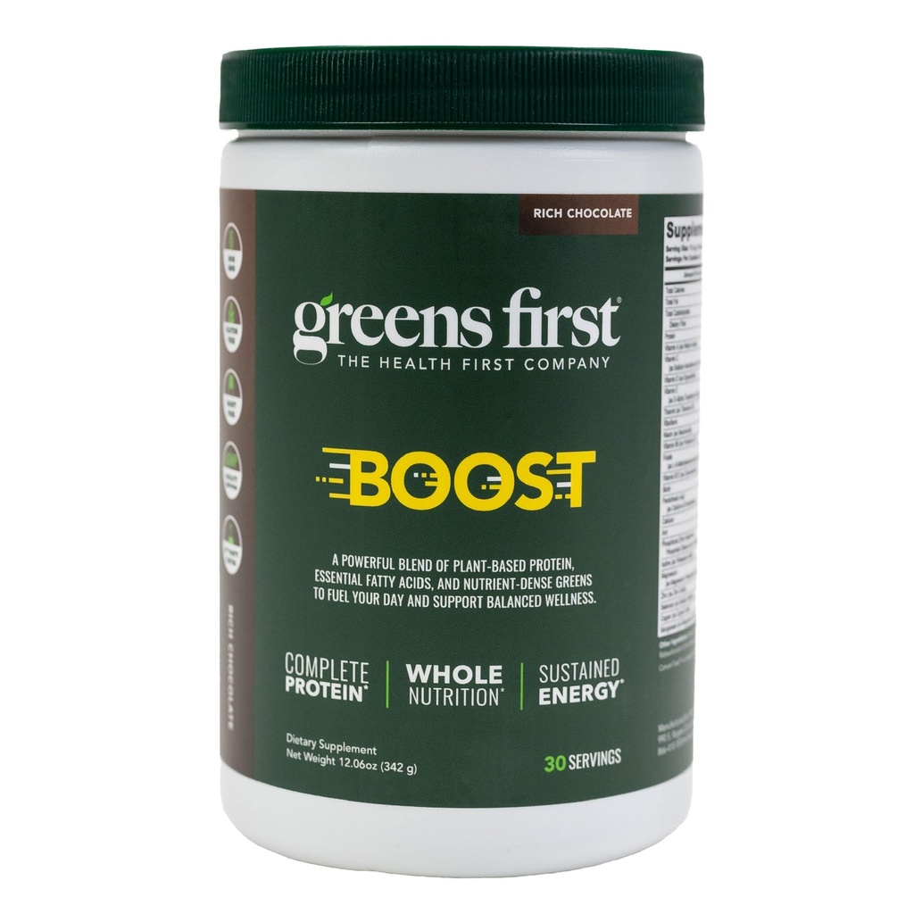 Vihreät First Boost - Kasvipohjainen proteiini & Balanced Nutrition - Superfood Shake Mix - Ei vehnää tai soijaa - Dairy-free - Vegan - Dutch Chocolate, 12.28 oz.