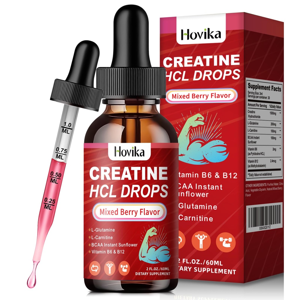 Kreatin HCL flytande droppar för män och kvinnor, kreatinhydroklorid med L-karnitin, L-Glutamin, BCAA, vitamin B12 & B6 för muskeltillväxt och återhämtning-Vegan, blandad Berry Flavor, 2 Fl Oz