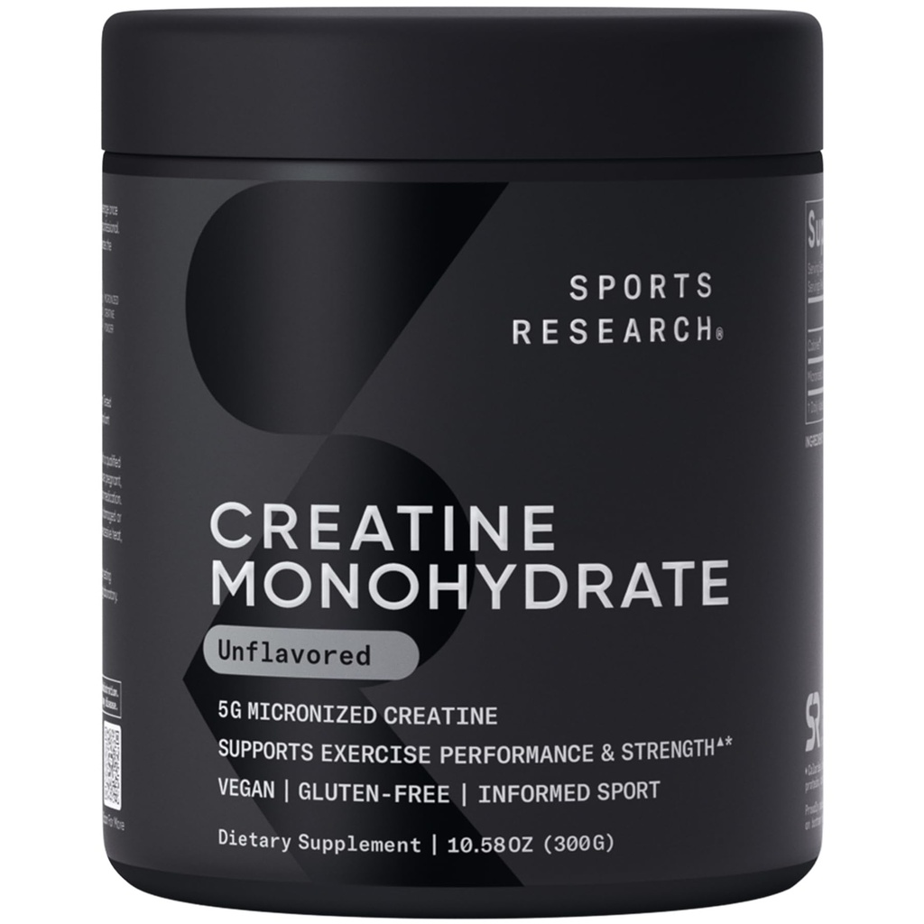 Sports Research Creatine Monohydrate - Få Lean Muscle, förbättra prestanda och styrka och stöd Workout Recovery - 5 g Micronized Creatine - 10,58 oz