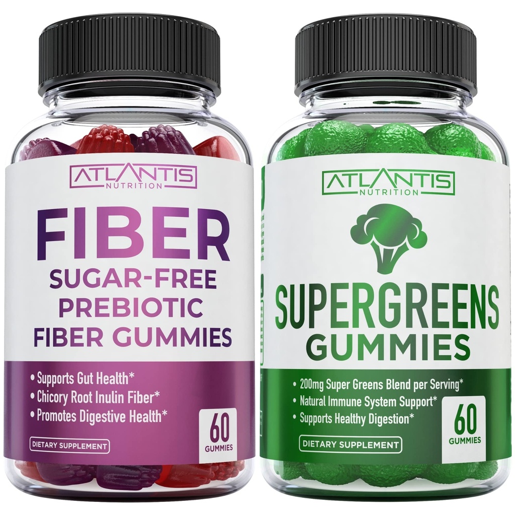 Atlantis Nutrition Sugar Free Prebiotic Fiber Gummies för vuxna 2-pack (120 Gummies) + Supergreens 60 Gummies