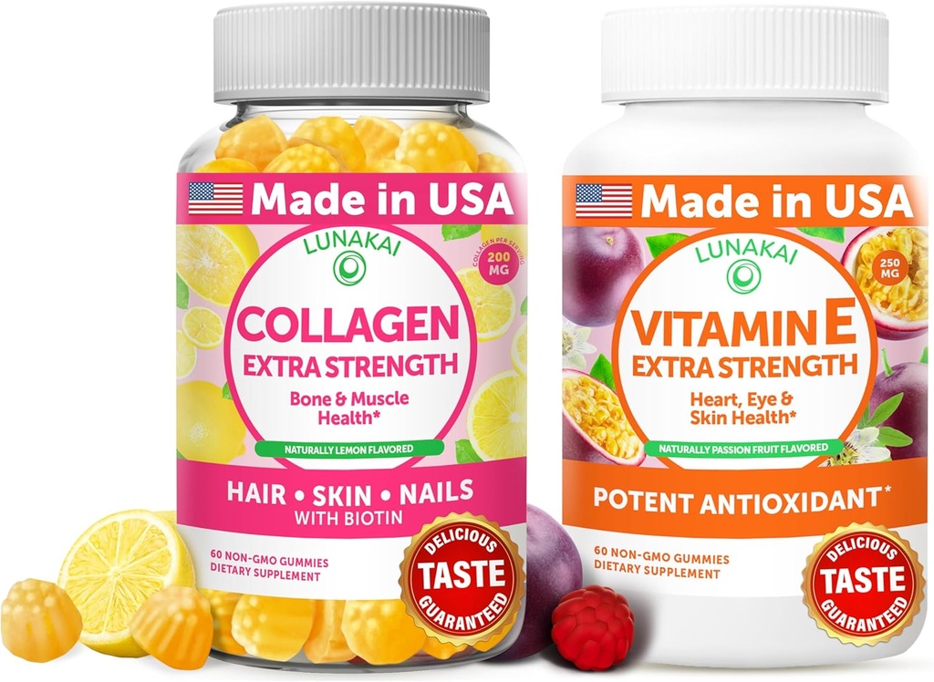 Lunakai Collagen ja E-vitamiinia Gummies Bundle - ei-GMO: n anti ikääntymisen lisäravinteet miehille ja naisille - Natural Gummy kanssa C-vitamiini & 250 mg Natural VIT E