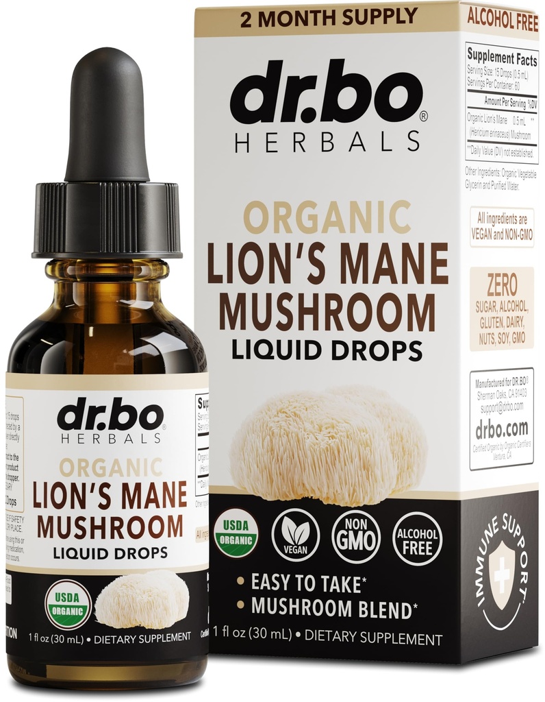 Lions Mane Sieni täydentää Drops - Organic Lion's Mane Sieni Liquid Tincture for Focus, Fog Brain Health Lisäravinteet - Vegan Herbal Nervine Nootrophic Organic Lions Lions Lions Liquid Supplement Extract 1oz