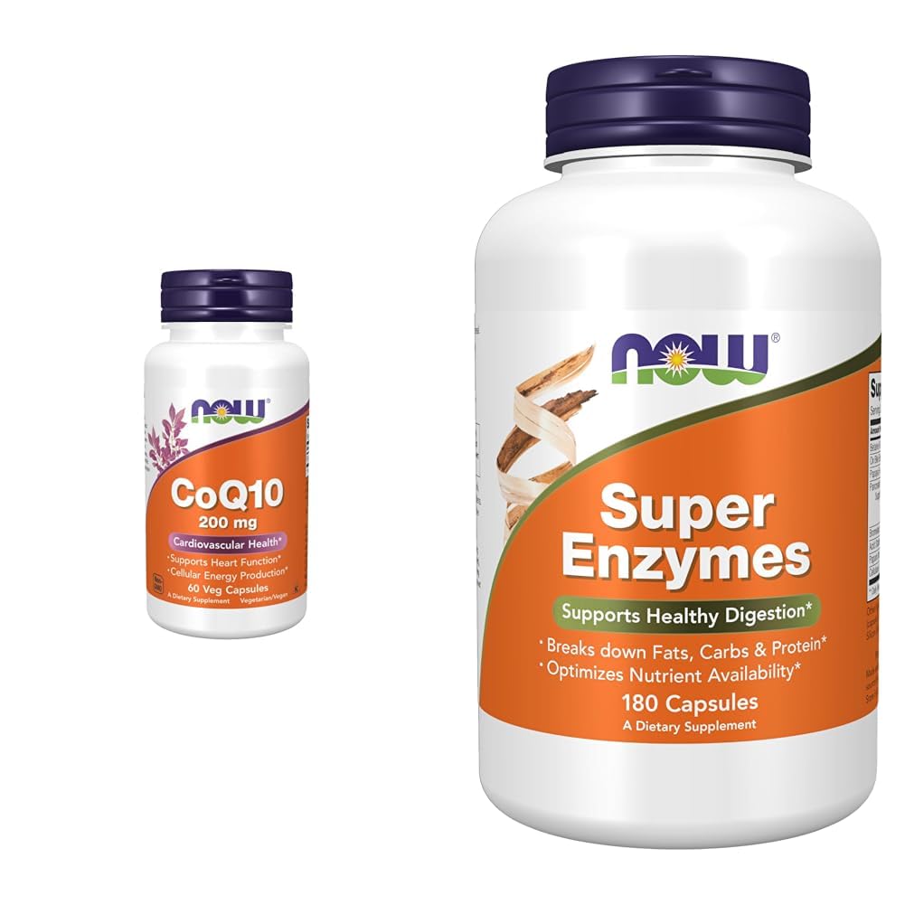 NOW Supplements, CoQ10 (Coenzyme Q10) 200 mg, Cardiovascular Health *, 60 Veg Capsules & Supplements, Super Enzymes, Formulerad med Bromelain, Ox Bile, Pancreatin och Papain,180 kapslar