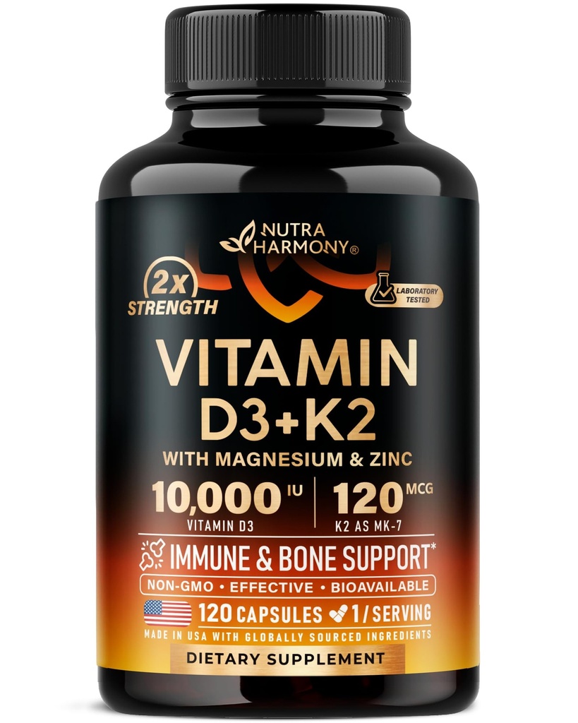 Vitamin D3 K2 - Vitamin D3 10000 iu & K2 som MK-7 120 mcg - Immune & Mood Support, för Bone & Teeth Health - med Magnesium, Zink & Vitamin C & B12 - Mycket biotillgänglig - Tillverkad i USA, 120 kapslar