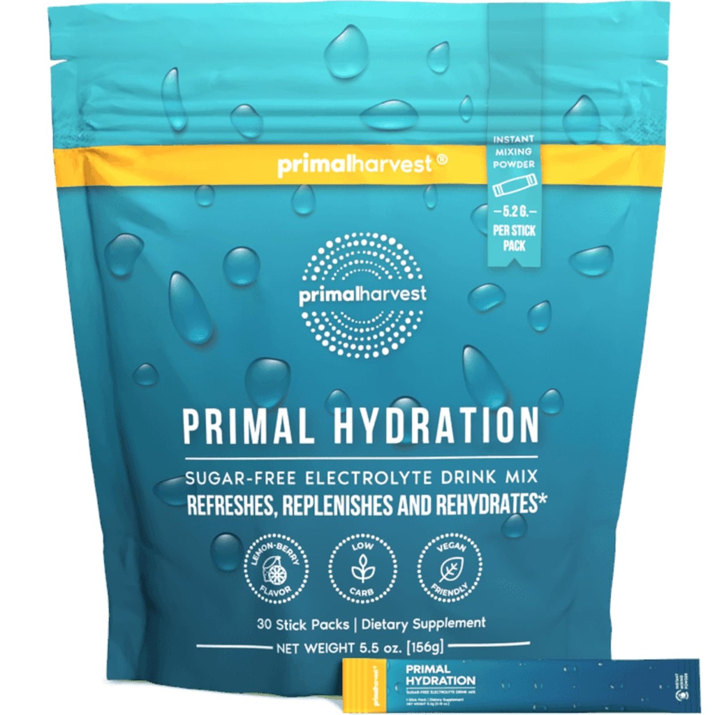 Primal Harvest Electrolytes Powder Packets Primal Hydration, Easy Open Packets, Energy Drink Mix (Sitruunamarja, 30 pakkausta) (1 pussi)