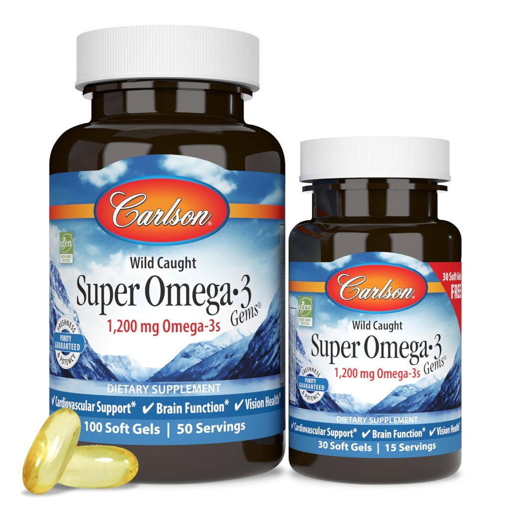 Carlson - Super Omega-3 Gems, 1200 mg Omega-3 rasvahapot EPA ja DHA, Wild-Caught Norwegian Supplement, kestävästi Lähde: kalaöljy kapselit, Omega 3 täydentää, 100 +30 Softgels