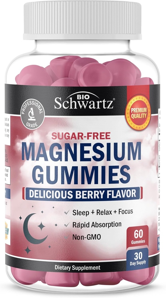 BioSchwartz Sugar Free Magnesium Gummies (30 tarjoilua) Berry Flavored Magnesium Citrate Supplement tukee Terveet Hermot Lihakset Energia Rauhoitu ja unet (Vegaani turvallinen, ei GMO, 60 Gummies)