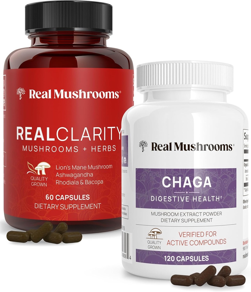Real Sienet RealClarity (60ct) ja Chaga (120ct) Kapselit Bundle - Sieni täydentää mielen selvyyden, Focus, Dgestive Health & Immuno Support - Vegan, ei-GMO, todennettu tasot beta-Glukaanit