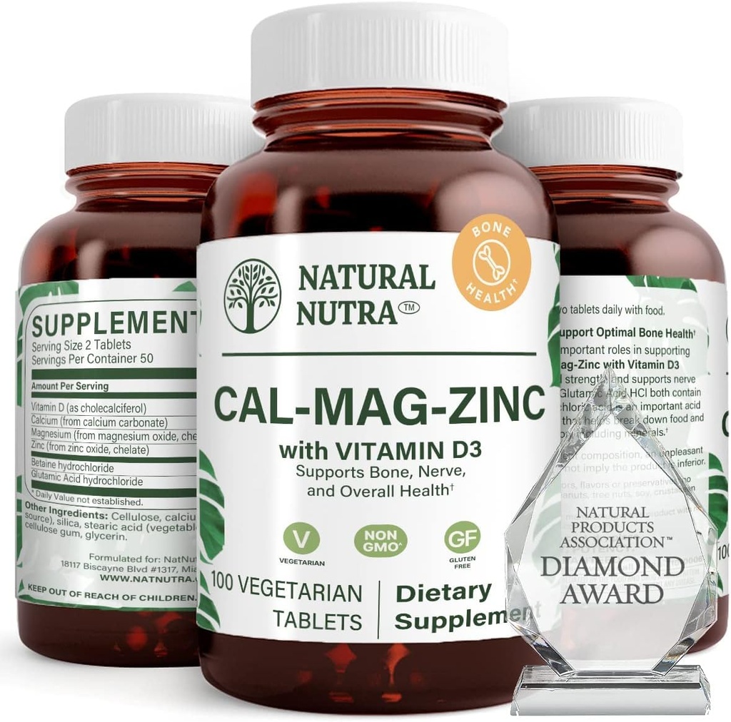 Natural Nutra Calcium Magnesium Zink (Cal-Mag Zink) Tillägg med vitamin D3 för benstyrka, hjälper till att förbättra matsmältningen, fri och sockerfri, väsentlig mineralkomplex (100 greve)
