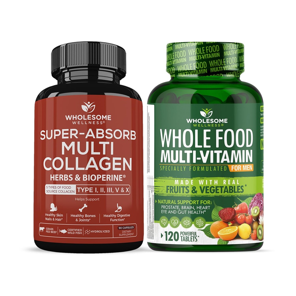 Terveellinen hyvinvointi Super-Absorb Multi Collagen pillerit (tyyppi I III V X) Organic Yrtit ja Bioperine + Koko ruoka Multivitamiini miesten - Luonnollinen monivitamiinit, mineraalit, orgaaniset uutteet Bundle