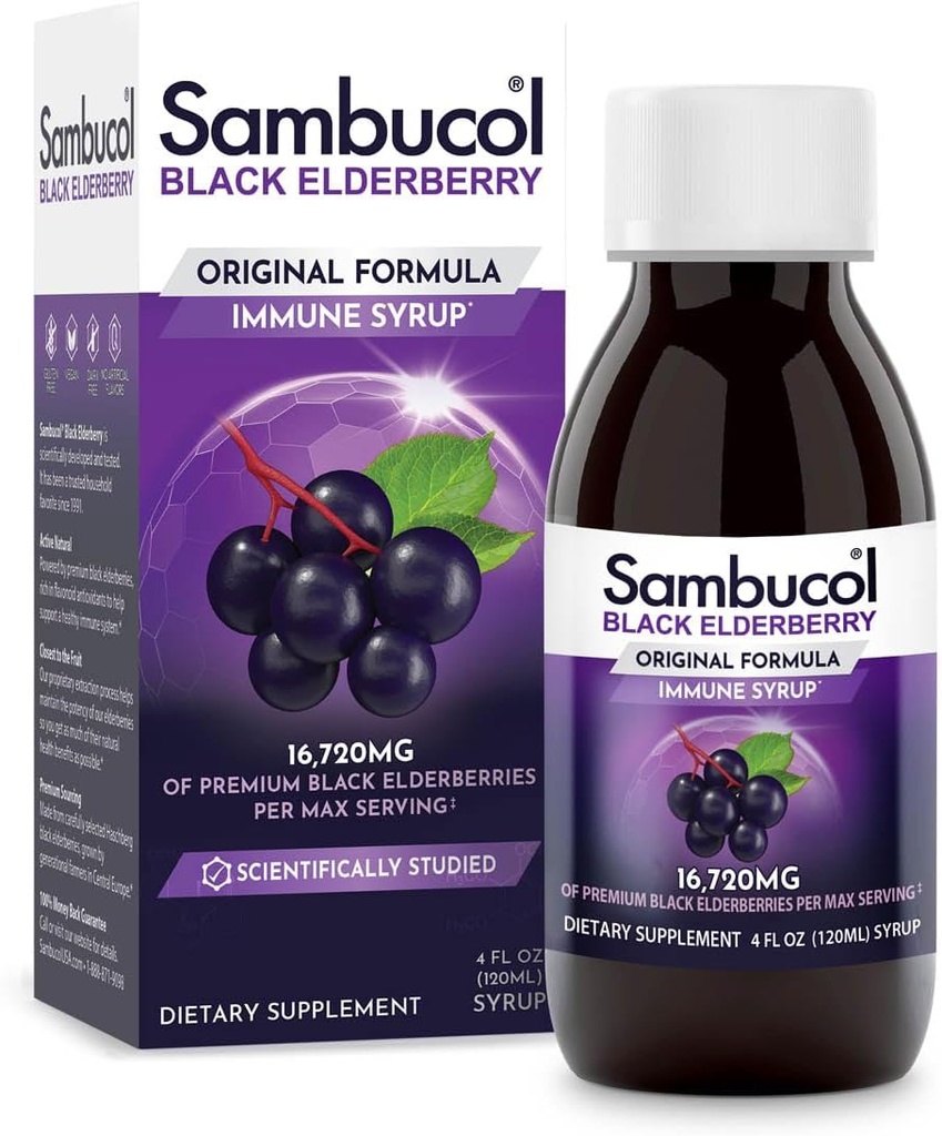 Sambuco Black Elderberry Syrup - Sambucus Elderberry Syrup, Musta Elderberry Liquid, Immuuni tuki, Elderberry Syrup lapsille ja aikuisille, Korkeat antioksidantit, Gluteeniton - Alkuperäinen Formula, 4 Fl Oz