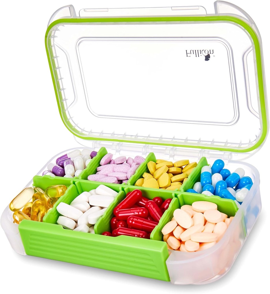 Fullicon Large Pill Organizer 8 Osastot, Kosteus Proof Travel Pill Box Irrotettava Jakaja, Päivittäinen Pill Container Lables, Pilleri tapauksessa vitamiini, kalaöljy, täydentää (Clear Green)