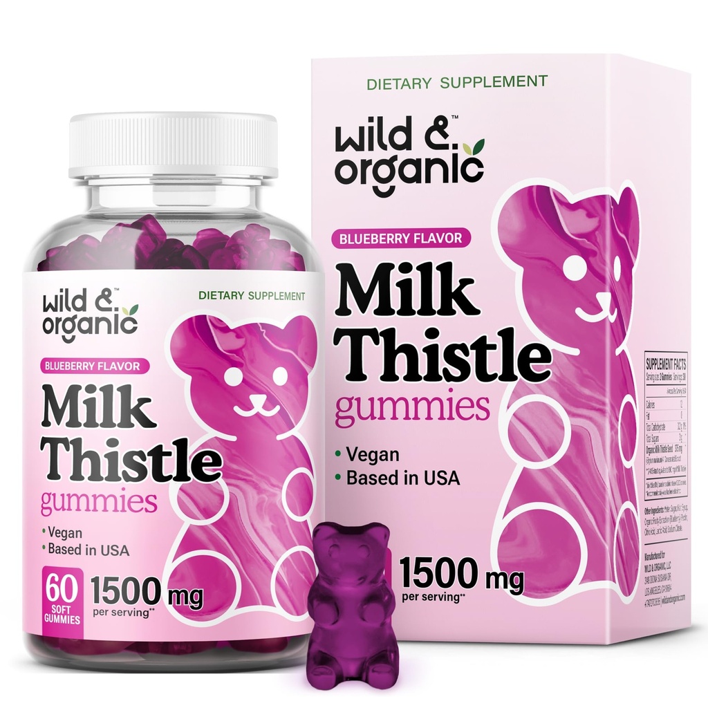 Wild & Organic Milk Thistle Gummies 1500 mg - Milk Thistle täydentää maksan Cleanse Detox - Silymarin Liver Detox Gummies - 30 päivän tarjonta - 60 Vegan, ei-GMO