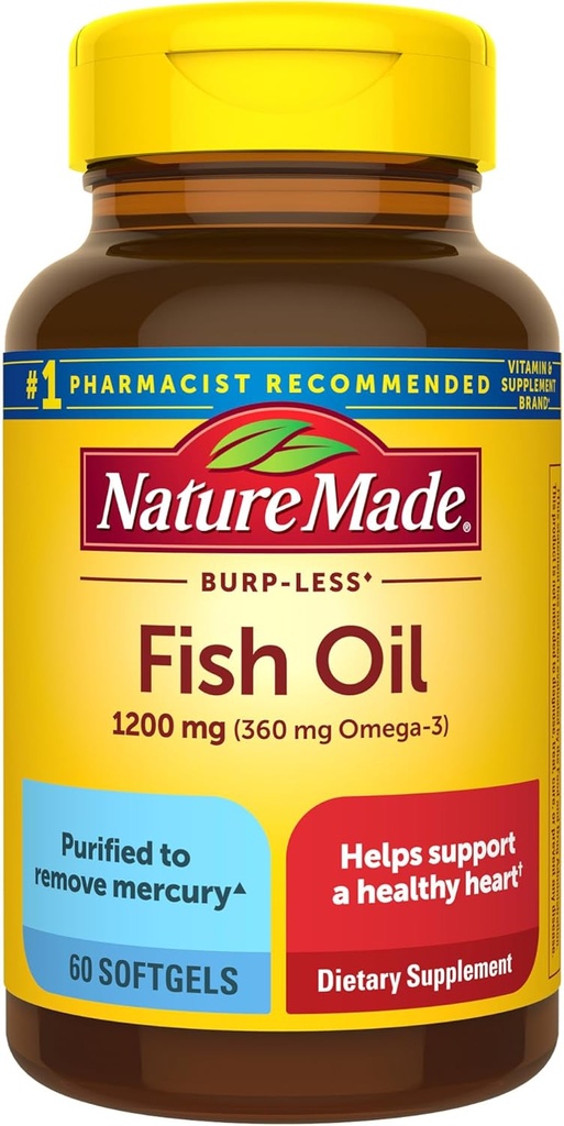 Nature Made Burp Vähemmän kalaöljyä Omega 3 Lisäravinteet, 1200 mg Softgels, EPA DHA Omega 3 Fish Oil Supplements for Healthy Heart Support, 60 Softgels, 30 päivän toimitus
