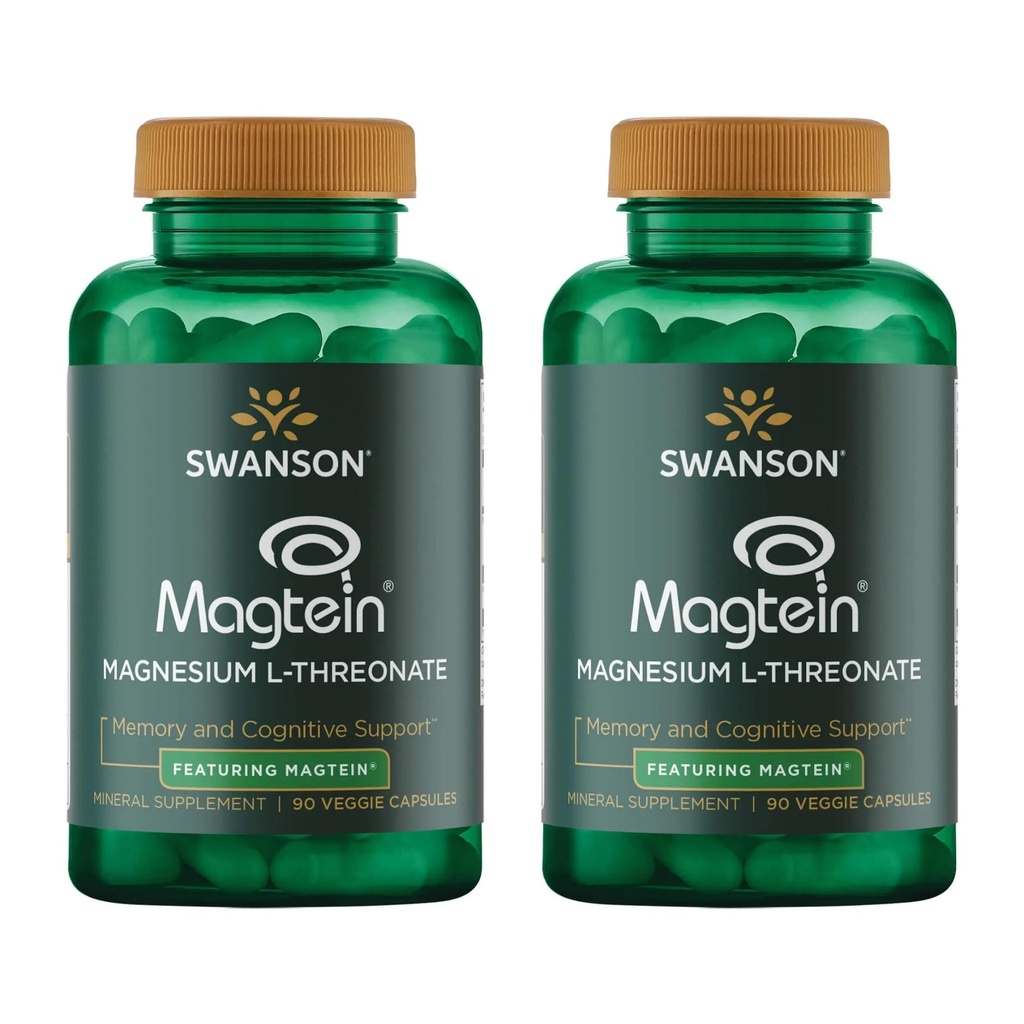 Swanson Magnesium L-treonaatti - Mineraali täydentää edistää hermoston terveyttä - voi tukea kognitiivinen terveys, oppiminen ja muisti - (90 kasviskapselit) (2 pakkaus)