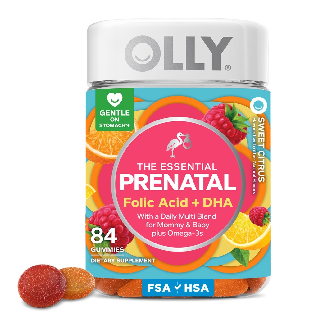 Olly Essential Prenatal Gummy Multivitamiini, Foolihappo, D-vitamiini, Omega 3 DHA, tukee tervettä kasvua ja aivojen kehitystä, Citrus Berry - 84 Count