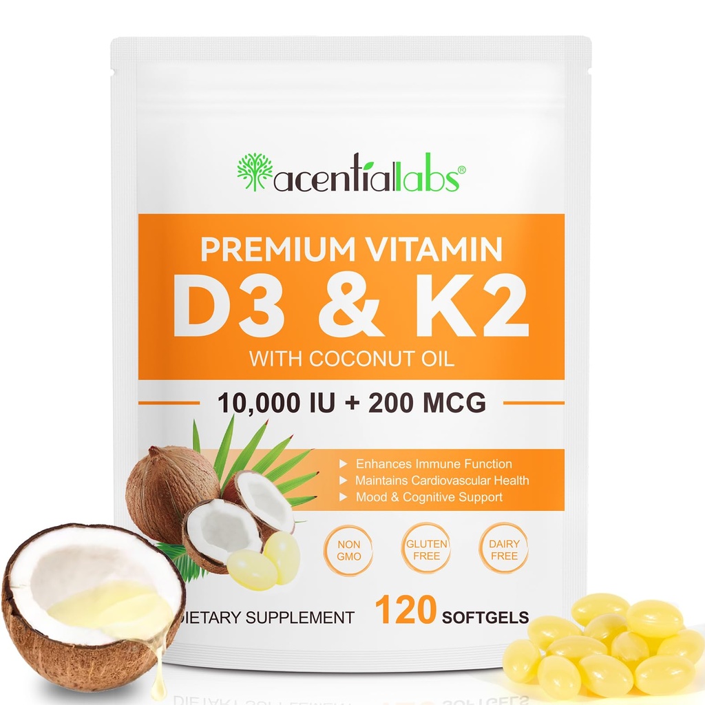 Vitamin D3 K2 Supplement Softgels, 10000 IU VIT D3 + 200 MCG K2 (MK-7) | 2-i-1 Svara Formel med kokosolja, Stöder i Calcium Absorption, Lätt att Svälja 120 kapslar.