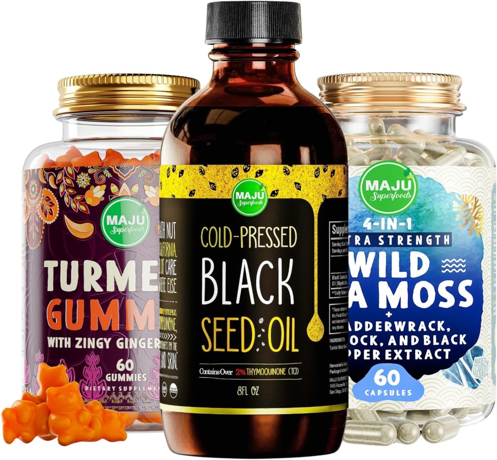 Maju Superfoods Black Seed Oil, 4-i-1 Sea Moss Capsules och gurkmeja Curcumin Ginger Gummies Bundle