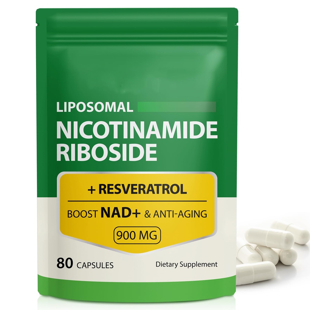 NAD Supplement, 900mg - Liposomal Nicotinamide Riboside NAD+ Tillägg med Resveratrol stöder muskel, hjärna, cellulär energi - NMN Supplement Alternativ för män och kvinnor, 80 kapslar (Pack av 1)