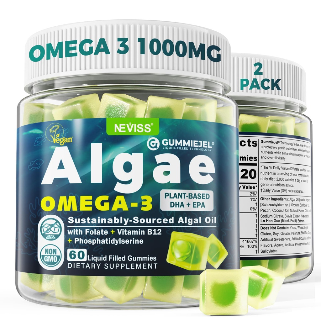 2 Pack Algae Omega 3 Gummies 1000mg, kasvipohjainen DHA 460mg & EPA 230mg, Omega 3 Fish Oil Alternative for Aikuinen, Plus MethylFolate, Vitamiini B12, Fosfatidyyliseriini, No Fishy Taste, Vegan, Sugar Free