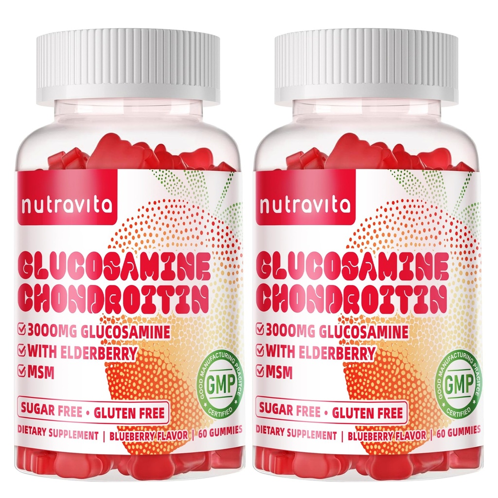 Nutravita Glukosamiini Chondroitin Gummies MSM & Elderberry Extra Strength - Joint Support, antioksidantti Immuuni täydentää aikuisille, miehet & naiset. 120 Mansikkamuroja