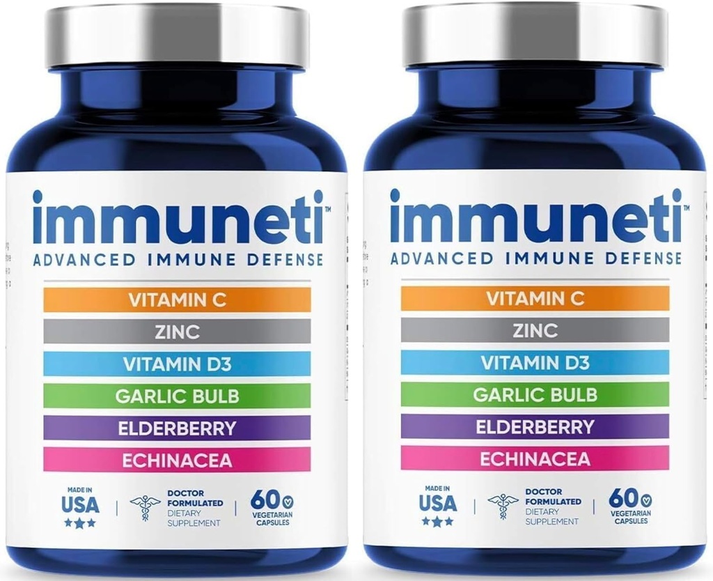 Immuneti - Avancerad immunförsvar, 6-i-1 Kraftfullt blandning av vitamin C, vitamin D3, Zink, Elderberries, vitlöksbulb, Echinacea - 2 Pack - Stöder övergripande hälsa