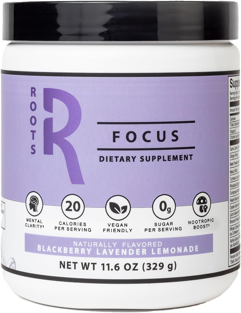 Silver Star Nutrition, Roots Focus Nootropic Brain Supplement - BlackBerry Lavender Lemonade, Blend of Lion's Mane, Cordyceps och Reishi Functional Mushrooms + Extended-Release Caffeine, 50 Servings