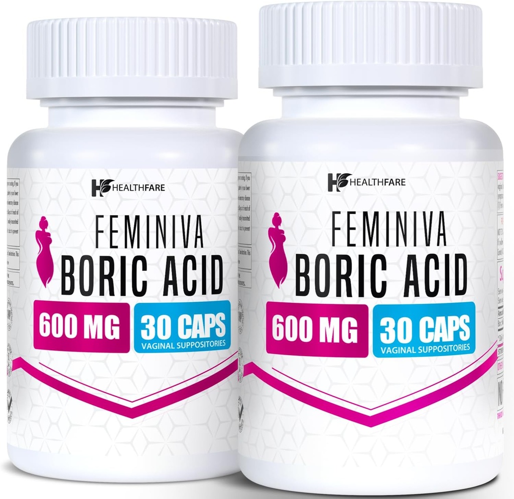 Healthfare Feminiva Boric Acid Suppositories | 2-Pack | 30 Vaginal Suppositories | 600mg | 100% ren | Made in the USA