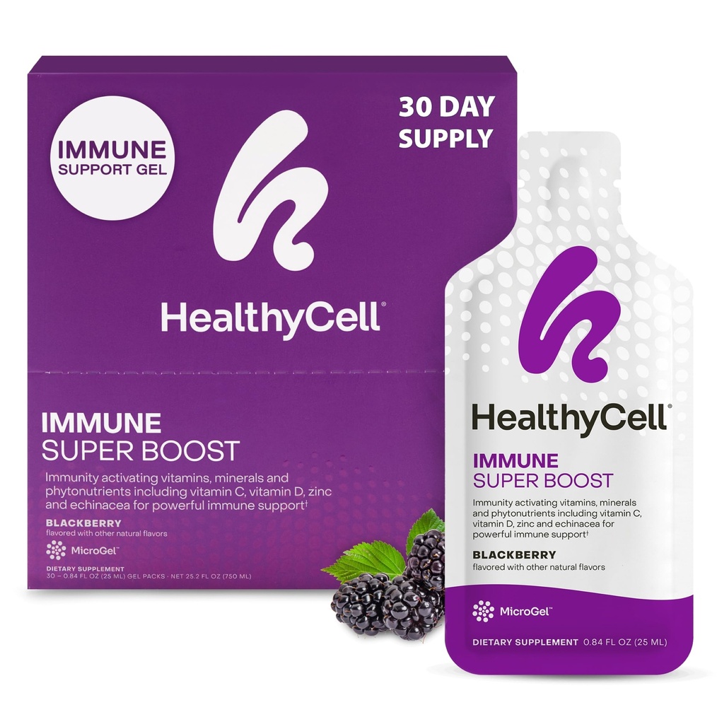 Healthycell Immuuni Super Boost Daily Liquid Supplement - Immuuni täydentää aikuisille Echinacea, Elderberry, C-vitamiinia, D-vitamiinia, kalsiumia ja sinkkiä - 30 Gel Packs