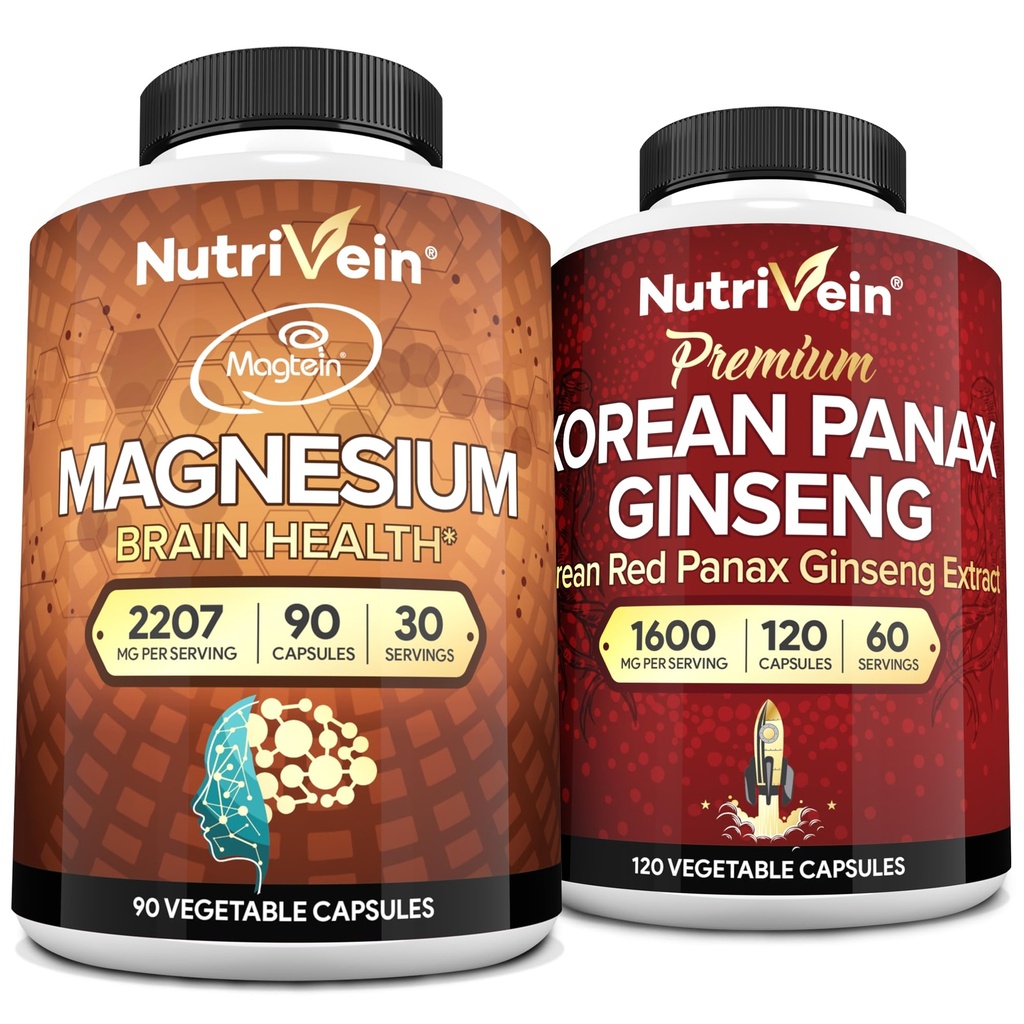 Nutrivein Premium Magnesium L-treonate & Panax Ginseng täydennysosa Bundle: High-Absorption Magnesium Threonate ja Red Ginseng täydennysosa Pari aivot, mieliala, & elinvoima