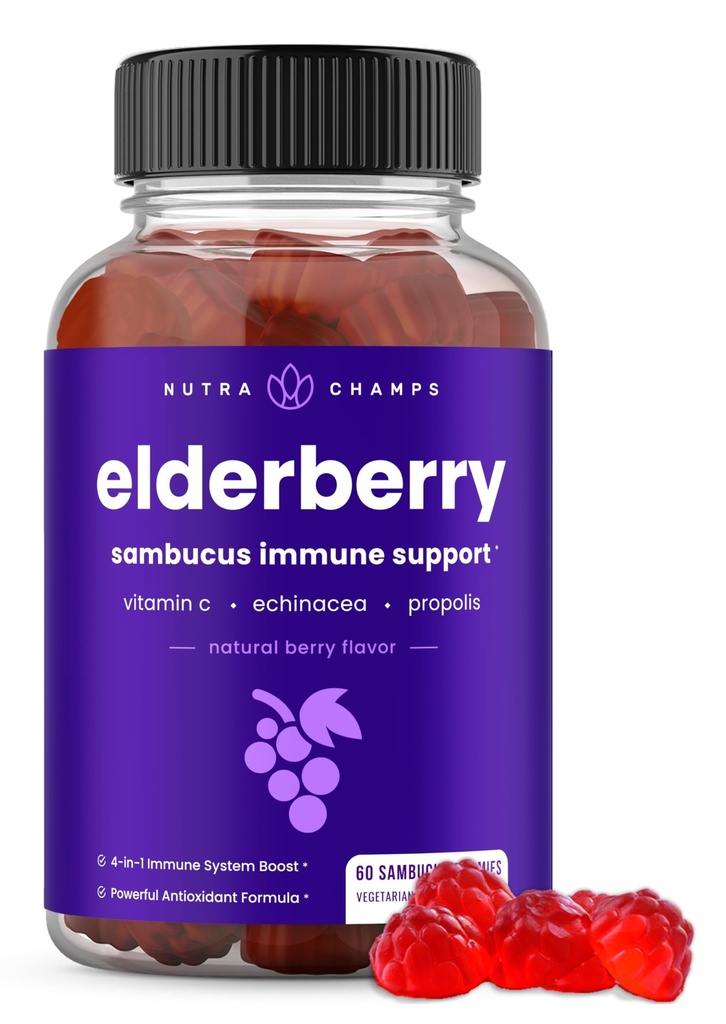 NutraChamps Elderberry Gummies kanssa C-vitamiini, Propolis & Echinacea - Immunomy System Tuki Gummy Vitamiinit aikuisille & lapsille - Max Vahvuus 200 mg Sambucus antioksidantti
