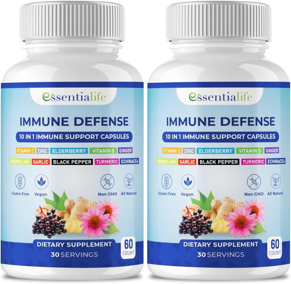 Immun Support Supplement - 2 Packs 10 i 1 Elderberry, Echinacea, vitamin D, Vitamin C 1000mg & Zink Supplement - med Immune Booster for Adults - 120 Vitamins Capsules