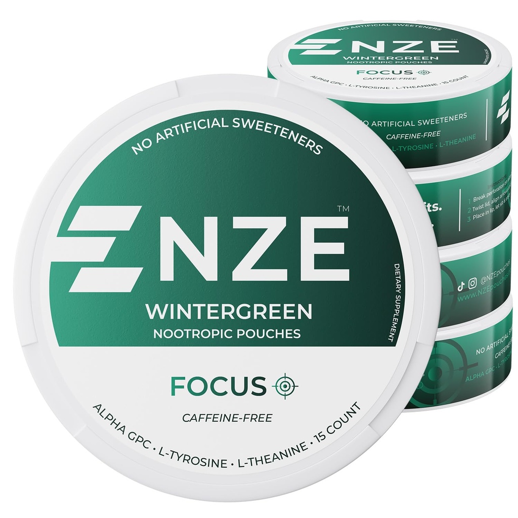 NZE kofeiiniton Nootropic Puches (Wintergreen) - Nootropic Puches Alpha GPC, L-tyrosiini & L-Theanine - Ei sokeria tai keinotekoisia makeuttajia - 15 Puches Per Can - 5 pakkaus