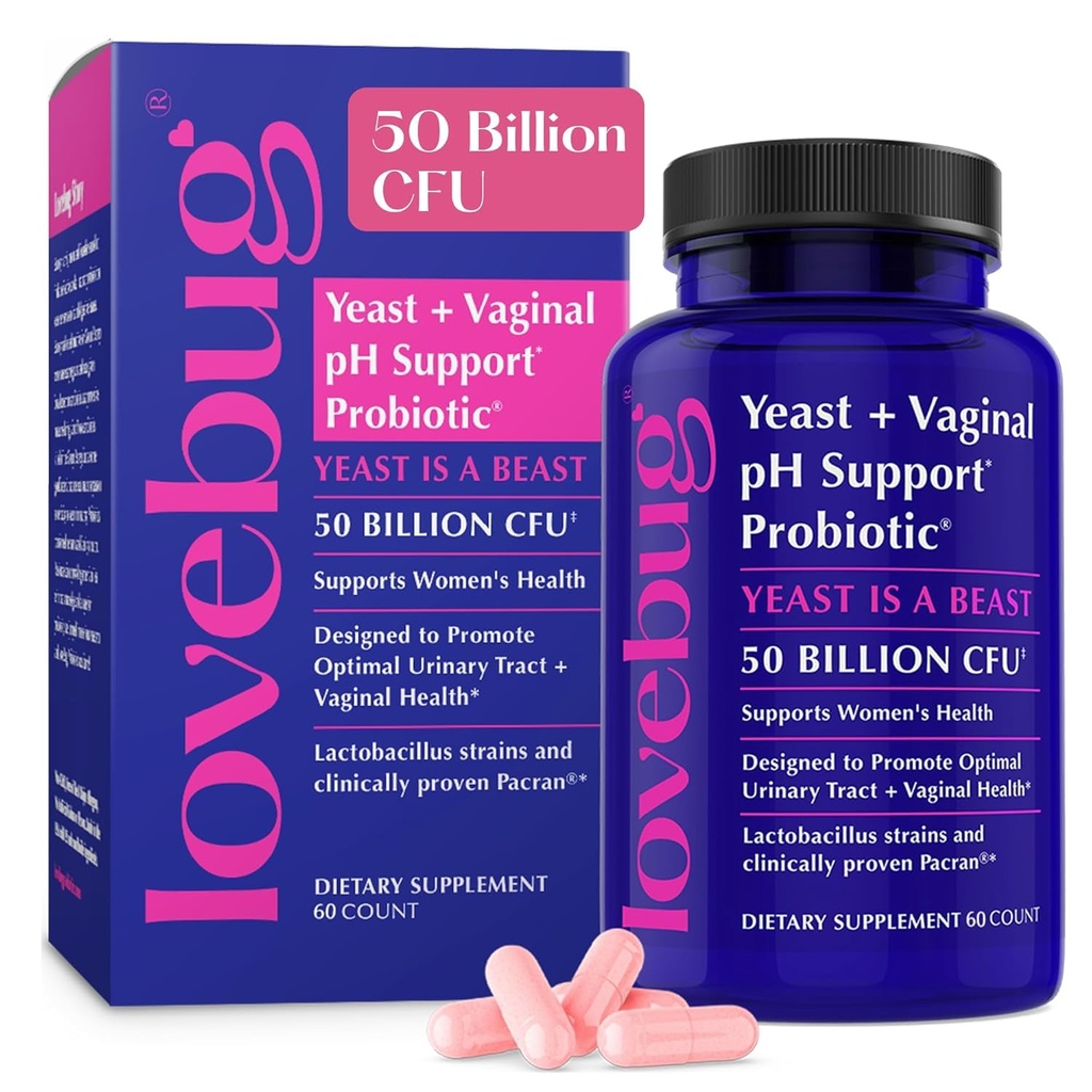 Lovebug Yeast ja emätinprobiootit naisten pH Balance & virtsatie, 50 miljardia PMY, UTI, BV, Odor Support ja Lactobacillus, Bifidobacterium, Dgestive & Vaginal Health Supplement 60 kapselia
