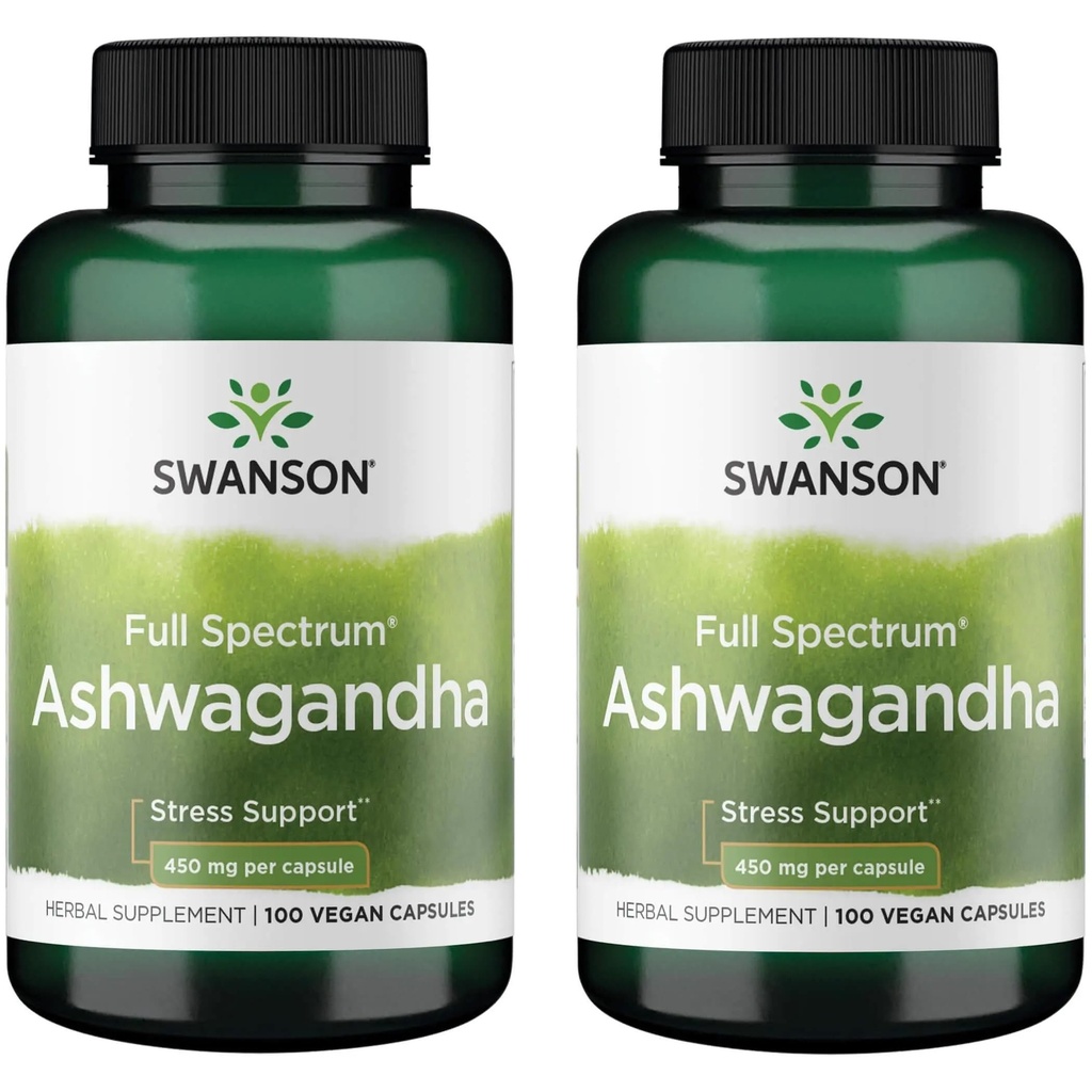 Swanson Ashwagandha Powder Supplement - Ashwagandha Root edistää stressin lievittämistä ja energiaa - Ayurvedic Supplement for Natural Wellness (100 kapselia, 450 mg Each) 2 pakkaus