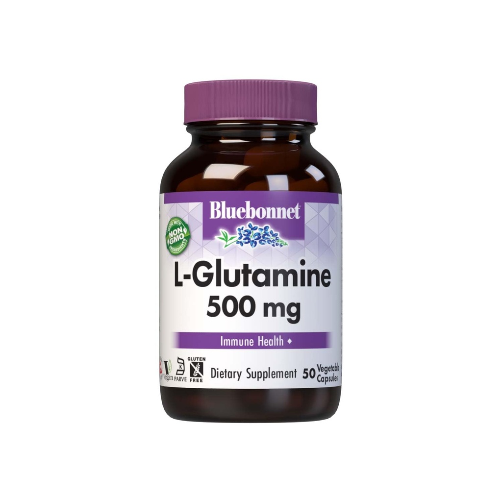 Bluebonnet Nutrition L-Glutamine 500mg, stöder immunfunktion, kvävetransportör, Soy & Gluten-Free, Non-GMO, Kosher Certified, Vegan, 50 Vegetable Capsules, White, 50 Count